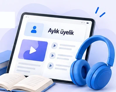 Temsili: aylık üyelik ekranı, kitaplar ve kulaklık