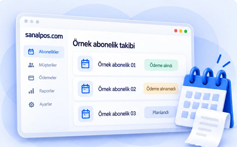 Temsili panel: örnek abonelik takibi; ödeme alındı, ödeme alınamadı ve planlandı durumları