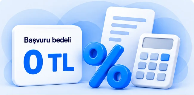 Temsili: başvuru bedeli 0 TL, yüzde işareti ve hesap makinesi