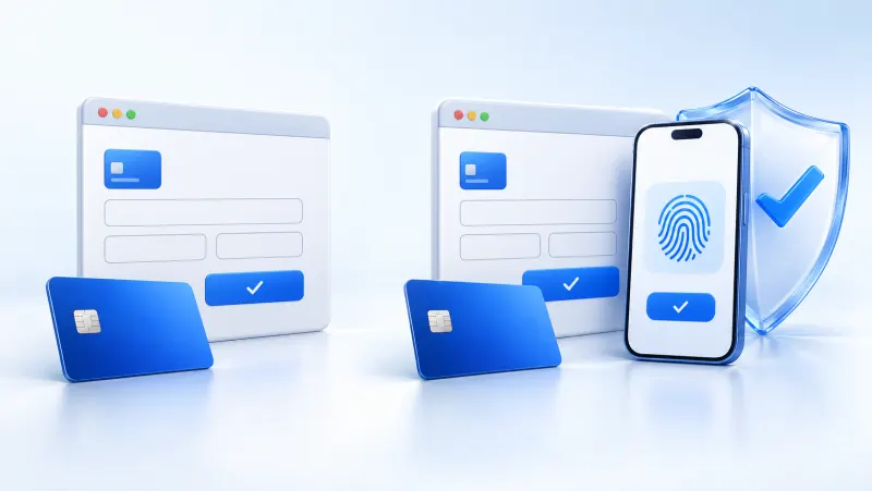 2D ve 3D Secure ödemeyi karşılaştıran kart, ödeme formu ve telefonla onay çizimi
