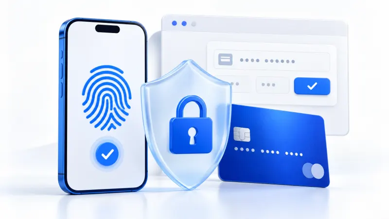 Parmak izi onayı gösteren telefon, kilitli kalkan, kart bilgisi formu ve kredi kartıyla 3D Secure doğrulama adımı çizimi