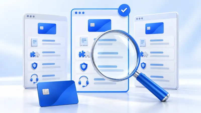 Sanal POS firmalarının tekliflerini büyüteçle karşılaştırma çizimi