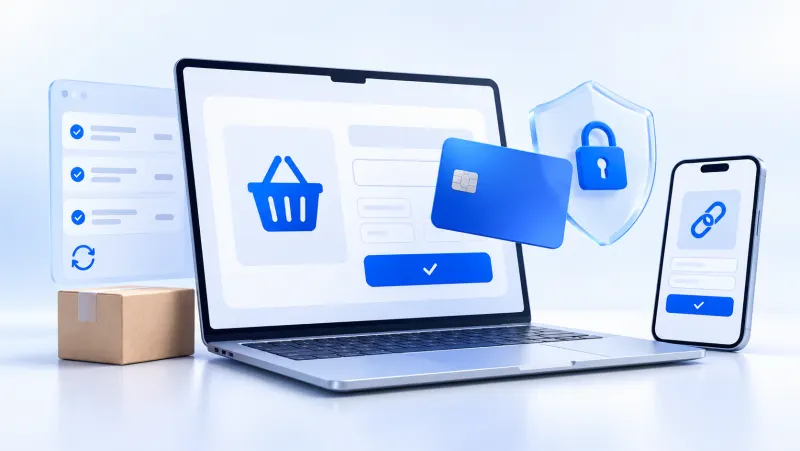 Web sitesi, telefon ve kartla güvenli online ödemeyi anlatan sanal POS çizimi