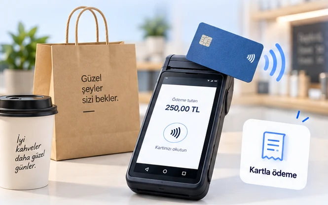 Temsili kafe tezgâhı: POS cihazı, kart ve kahve