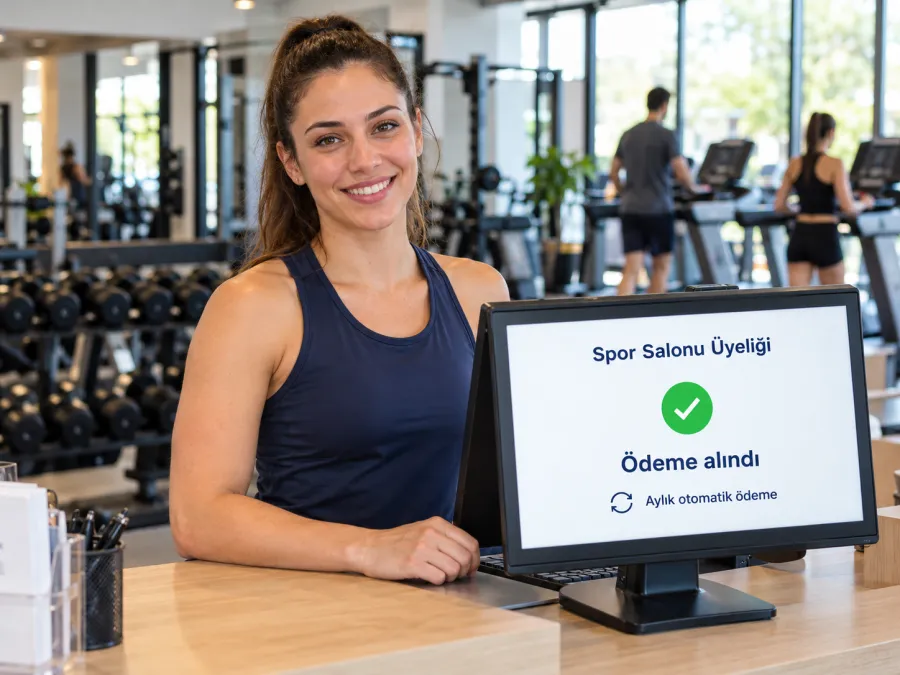 Spor salonu görevlisi, üyelik ödemesinin alındığını ekranda gösteriyor