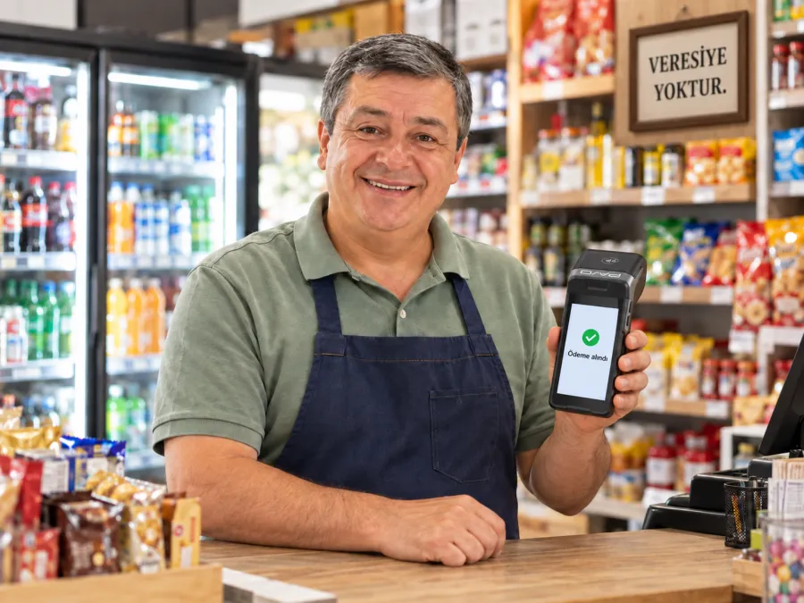 Market sahibi, kasada ödemenin alındığını gösteren POS cihazını tutuyor