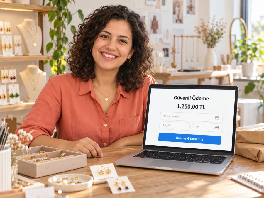Takı tasarımcısı, dizüstü bilgisayarındaki güvenli ödeme sayfasıyla online satış yapıyor