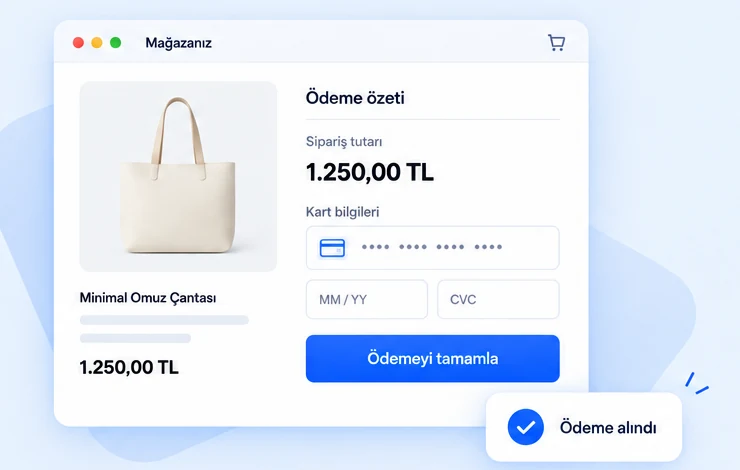 Temsili ödeme ekranı: sipariş özeti, kart bilgileri ve Ödeme alındı bildirimi