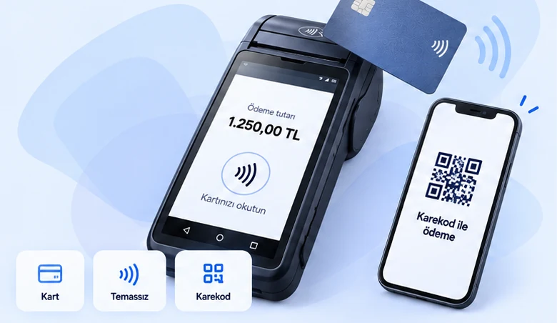 Temsili POS cihazı ve telefon: temassız kart ve karekod ile ödeme